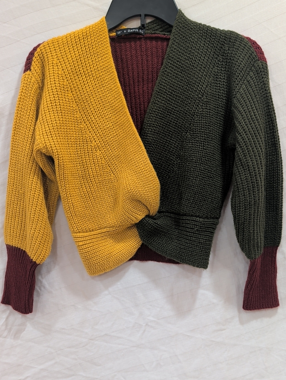 Zaful Colorblock Wrap V-Neck Sweater - Mustard, Olive, Burgundy Size S